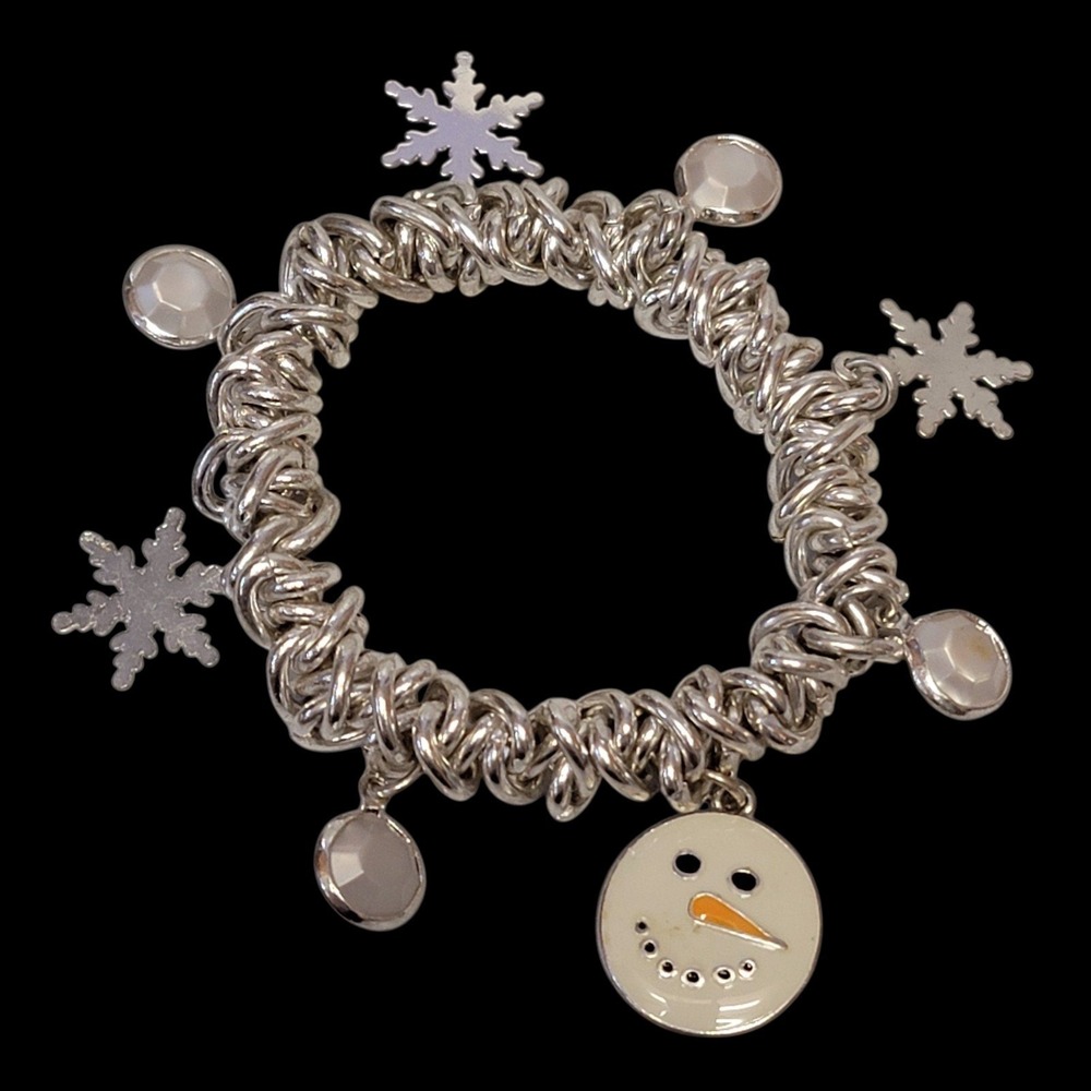 Winter Charm Bracelet Snowman Snowflake Silver Tone Stretch Christmas Holiday